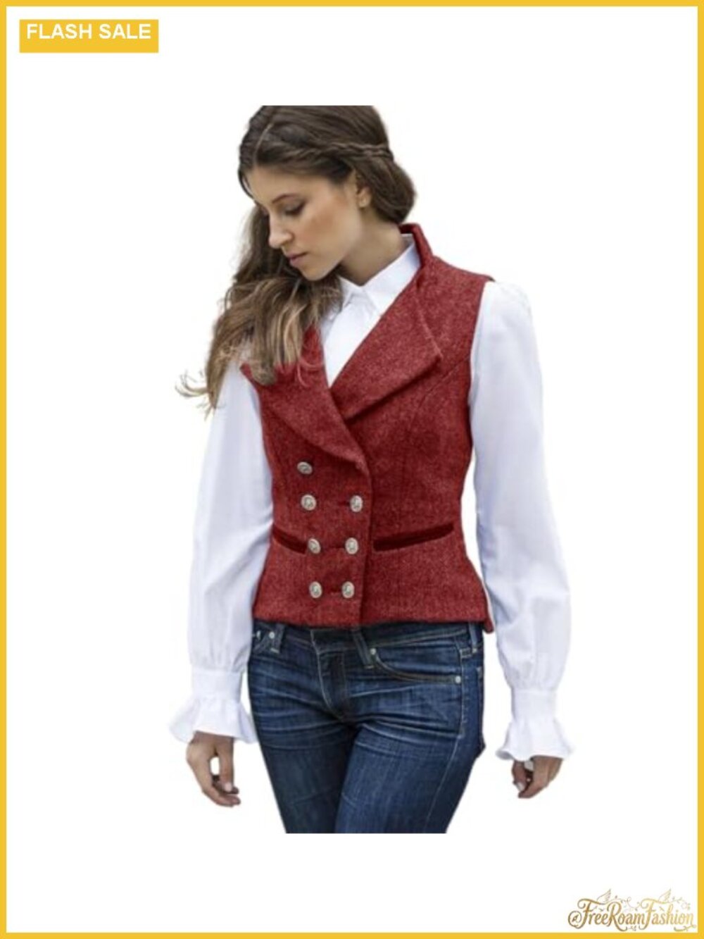 Womens Tweed Vest Slim Fit Double Breasted V Neck Sleeveless Waistcoat